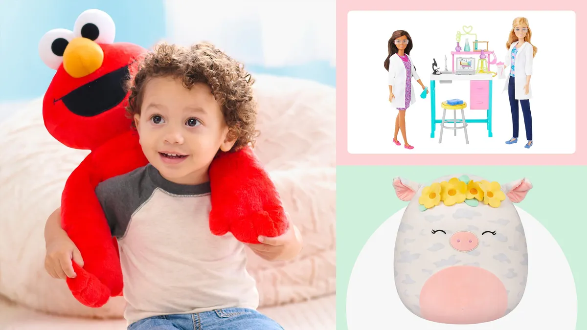 A composite image show a child with an Elmo plush, a Barbie science playset and Rosie Spotted Pig